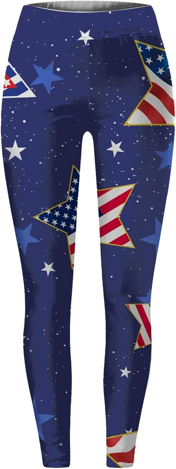 Women High Waist American Flag Leggings Funny Stripes Patriotic Tights Full-Length Workout Running Yoga Pants