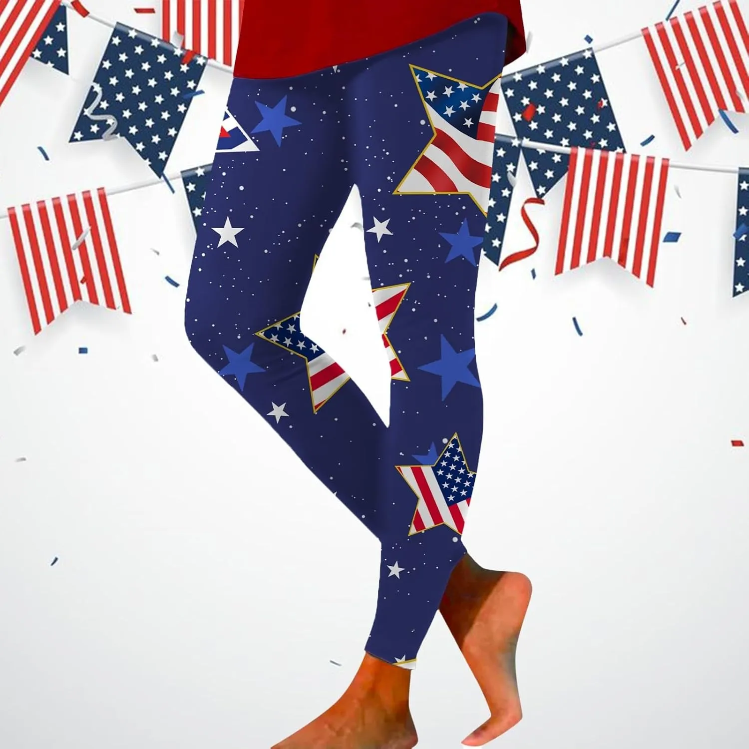 Women High Waist American Flag Leggings Funny Stripes Patriotic Tights Full-Length Workout Running Yoga Pants