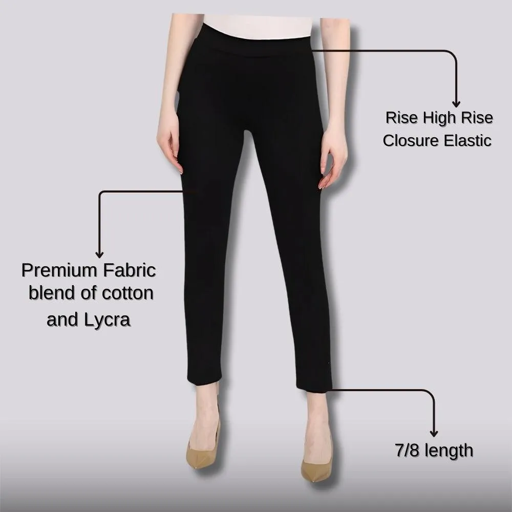 Women's Ankle-Length Pure Cotton Pants with Full Elasticated Waist Black