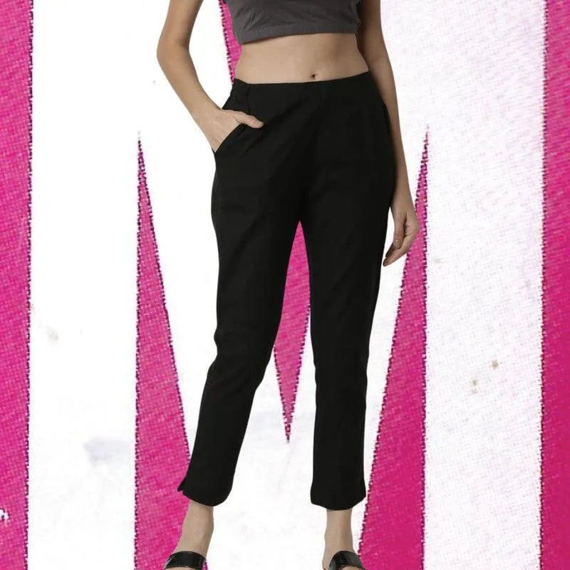 Women's Ankle-Length Pure Cotton Pants with Full Elasticated Waist Black