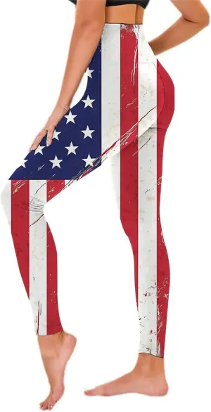 Womens High Waist American Flag Leggings Funny Full-Length Yoga Gym Workout Pants US Flag Patriotic Tights