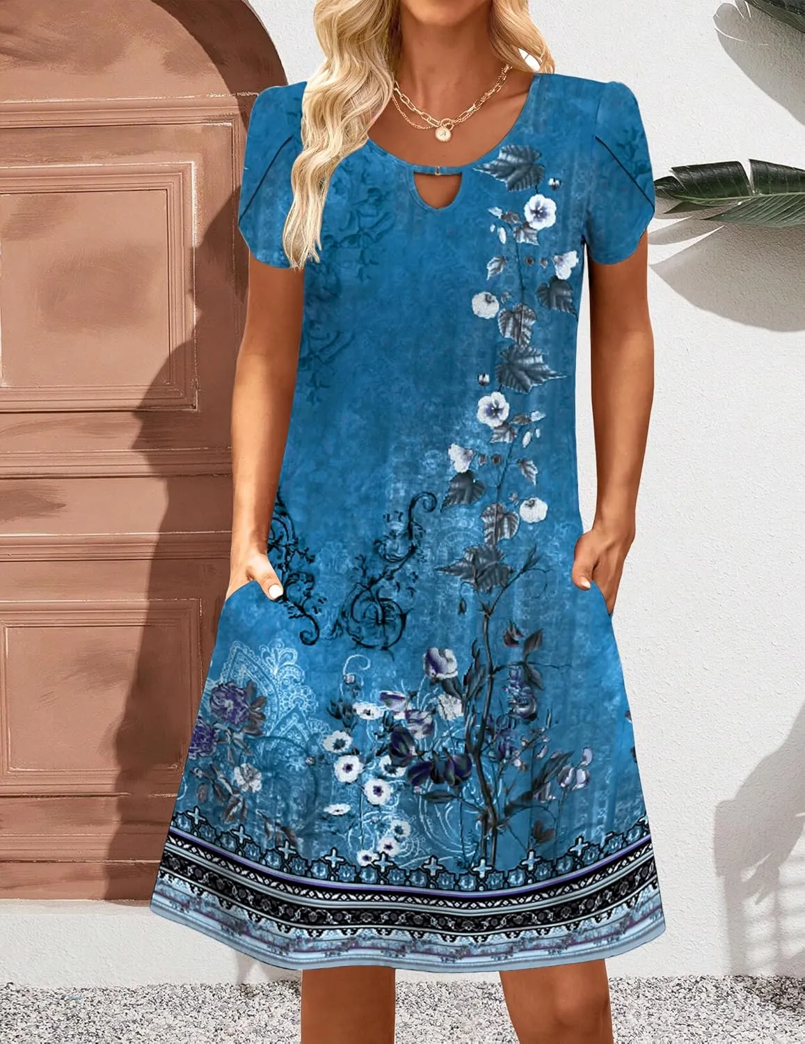 Zeagoo Women's Casual A-Line Dresses with Pockets Summer Floral Tshirt Dress Short Sleeve Mini Dress Flowy Sundresses