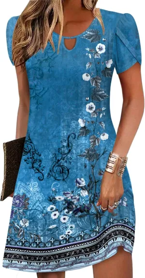 Zeagoo Women's Casual A-Line Dresses with Pockets Summer Floral Tshirt Dress Short Sleeve Mini Dress Flowy Sundresses